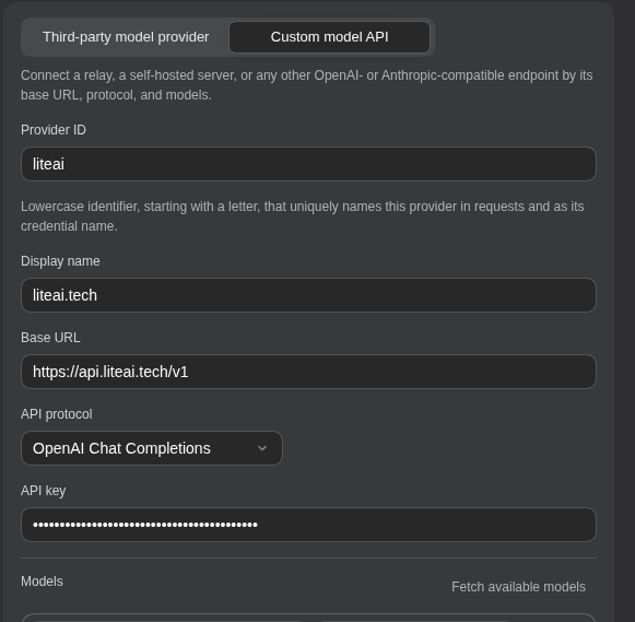 Configuring the custom provider liteai.tech in the client: base URL https://api.liteai.tech/v1 and API key sk-bf-…